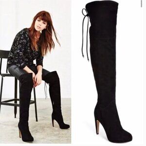 Sam Edelman Kayla Boots Over The Knee High Heeled Lace Up Zip Suede Black 7.5